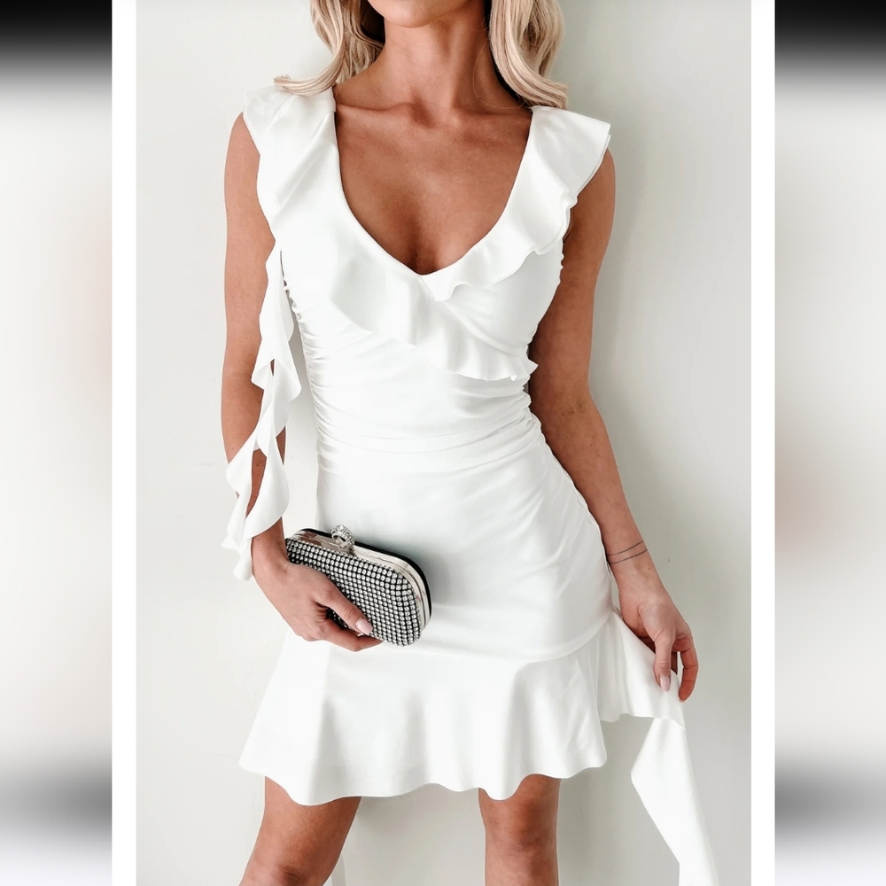 Flirty White Ruffled V Neck Mini Dress